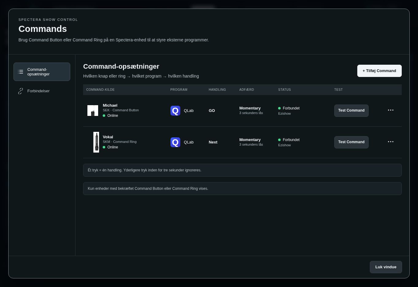 Commands in Spectera Show Control: examples of a Command Button triggering QLab GO and a Command Ring triggering QLab Next.